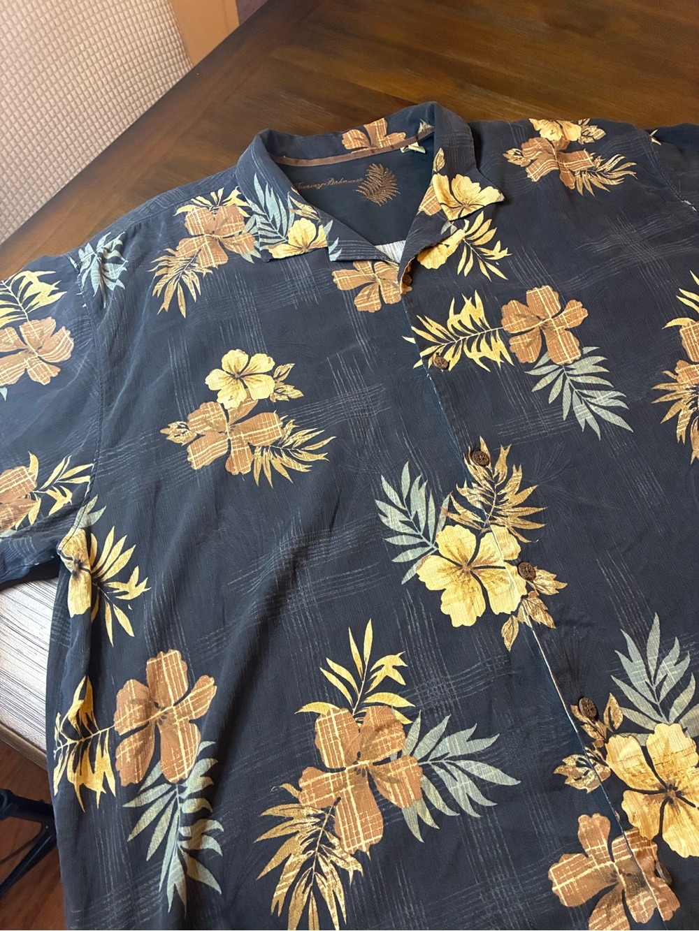 Tommy Bahama Black Short-Sleeve Hawaiian Shirt with Yellow Floral Print